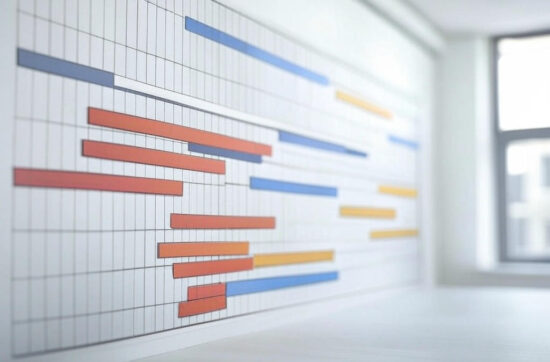 Diagramme de Gantt coloré affiché sur un mur de chantier de construction