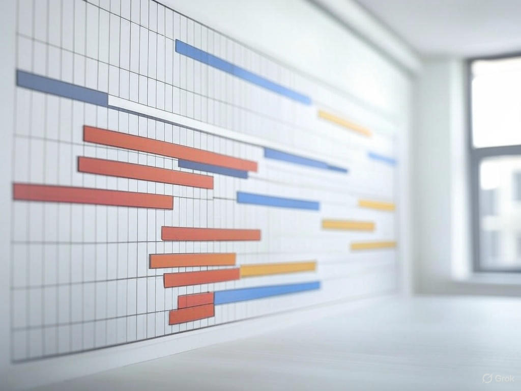 Diagramme de Gantt coloré affiché sur un mur de chantier de construction