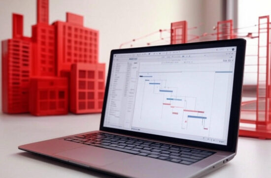 MS Project sur ordinateur portable affichant un diagramme de Gantt pour la gestion multi-projets en construction