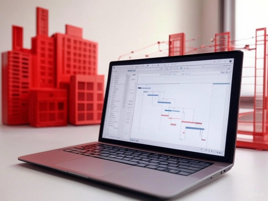 MS Project sur ordinateur portable affichant un diagramme de Gantt pour la gestion multi-projets en construction